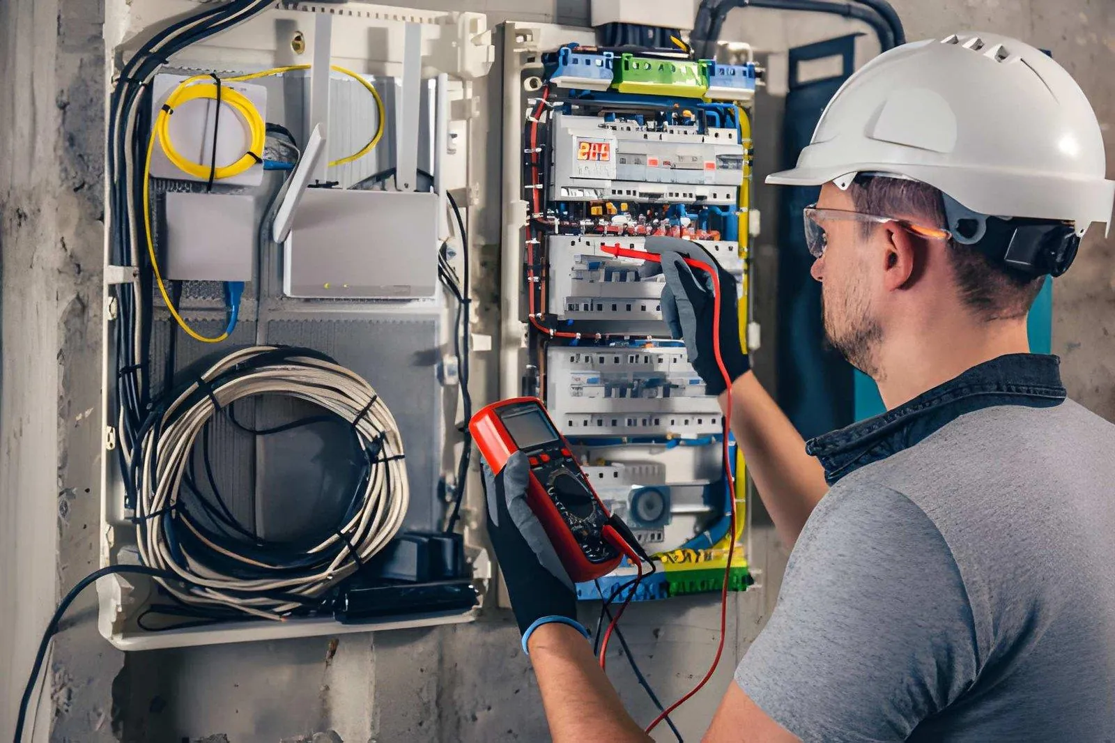 Professional electrical technician inspecting wiring in Dubai